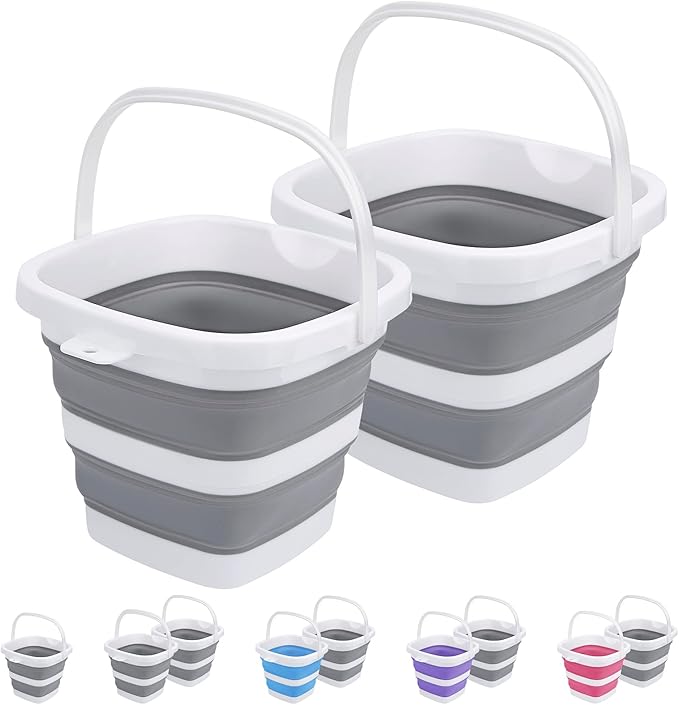 2 Pack Collapsible Buckets 5L 1.3Gallon Small Cleaning Bucket for Household Portable Plastic Bucket Outdoor Car Washing Tub Foldable Camping Beach Sand Water Pot Pail Space Saving Square Grey