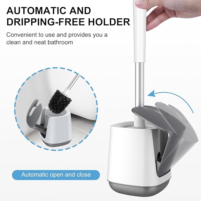 SetSail Toilet Brush and Holder, Self Closing Lid Toilet Bowl Brushes Holder and Extra Long Handle Ventilated Toilet Brush Set for Bathroom Cleaning, Nylon Bristles, White & Grey