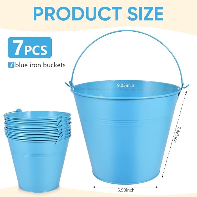 OBTANIM 7 Pack Blue Metal Buckets with Handle Galvanized Ice Pails for Plants, Succulents, Party Favors Organizing, Rustic Home Decor or Classrooms Pencil Storage (9.1 x 6.7 inch)