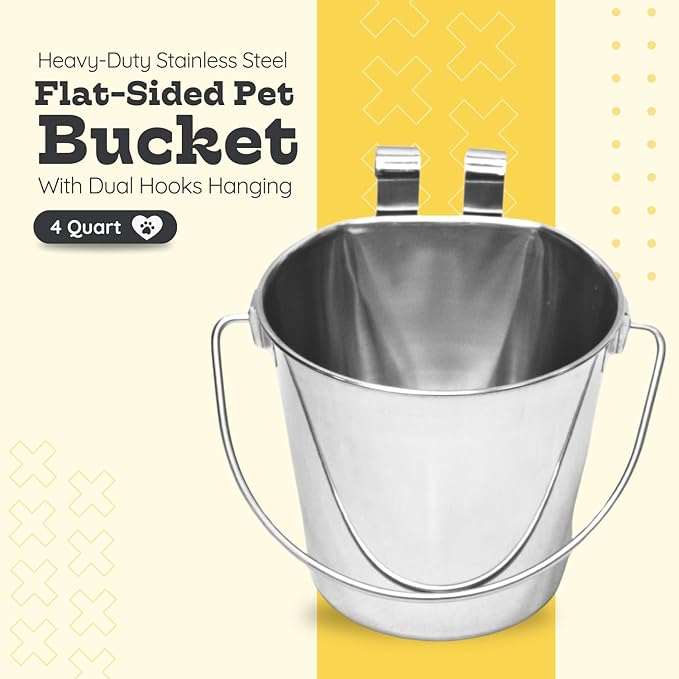 4 Quart Stainless Steel Flat Sided Bucket with Dual Hooks | Durable Food & Water Bowl for Dogs, Cats, Goat & Livestock | Fits kennel Cage Critter Crate Hanging Pet Pail | Multipurpose use