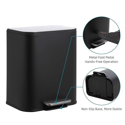 Stainless Steel Kitchen Trash Can 5.2 Gallon (20L) - Soft-Close Lid, Foot Pedal & Removable Inner Basket, Rectangular Step Bin for Office, Bedroom, Bathroom