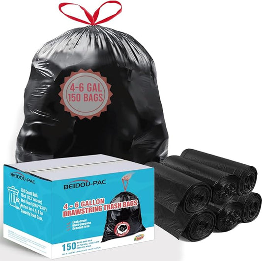 4-6 Gallon Trash Bags Drawstring, 150 Count Bulk Value Pack, Black & Unscented Multi-purpose Garbage Bags for Business Home Bathroom Kitchen Commercial and Industrial