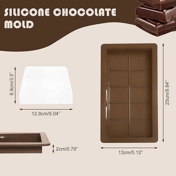 Quacc 2 PCS Dubai Chocolate Bar Molds with Spatulas, Flexible Silicone Chocolate Mold Candy Bar Mold for DIY Baking (Brown)