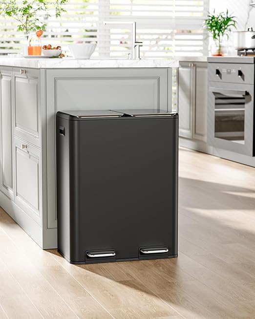 16 Gal (2 x 30 L) Dual Trash Can, Stainless Steel Kitchen Garbage Bin, Recycle Dustbin with Odor Control Box, Soft-Close Lid, Inner Buckets, Side Handle, Step Pedal, for Home Office