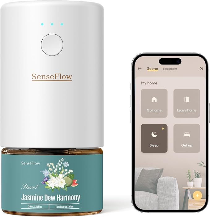 SF101S Smart Wi-Fi Waterless Ultrasonic Essential Oil Diffuser–100% Plant-Based,120-Day Natural Air Freshener & Aromatherapy Scent Diffuser Covers 100㎡ for Home,Hotel-Jasmine Dew Harmony