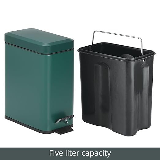 mDesign Small Modern 1.3 Gallon Rectangle Metal Lidded Step Trash Can, Compact Garbage Bin with Removable Liner Bucket and Handle for Bathroom, Kitchen, Craft Room, Office, Garage - Hunter Green