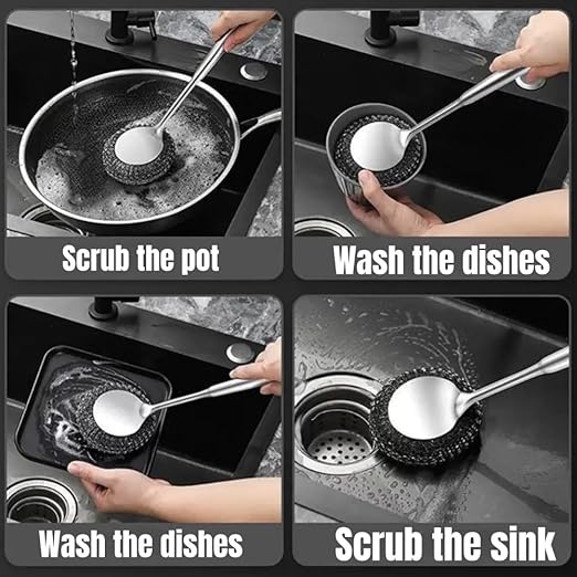 Steel Wool Scrubber with Handle: 7Pcs Stainless Steel Scrubber Brush Set – 1 Long Brushes,1 Short Brushes,4 Replaceable Pads,1 Screwdriver for Home Cooks,BBQ Enthusiasts,Anti-Scratch,for Kitchen