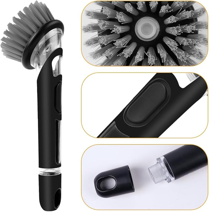 AUAUY Dish Brush with Soap Dispenser, Advanced Soap Control Dishwashing Brush, Dish Scrub Brushes with Handle, Kitchen Scrubbers for Dishes, Pan, Pot, Sink Cleaning Brushes