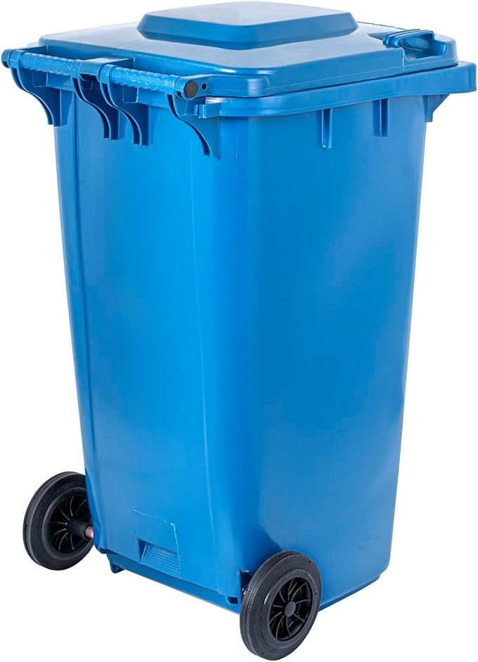 Restaurantware-Clean Tek Professional 64 Gallon Trash Can With Wheels, 1 Garbage Can With Lid - Step-On Attachment Sold Separately, Rectangle, Blue Plastic Dustbin, Long-Lasting, For Outdoor