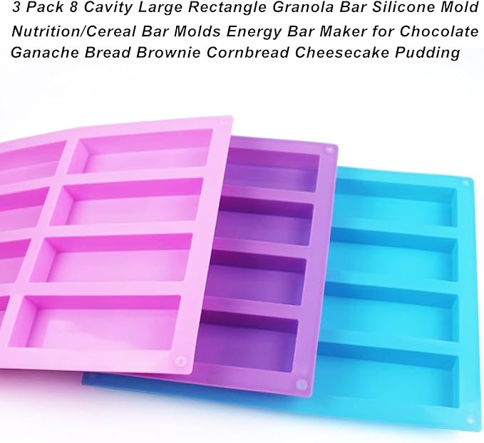 Silicone Chocolate Molds, METLUCK 3 PCS 8 Cavity Silicone Rectangle Molds Protein Bars Mold Energy Bars Candy Chocolate Molds for Muffin Cornbread Cheesecake Pudding Chocolate Dessert