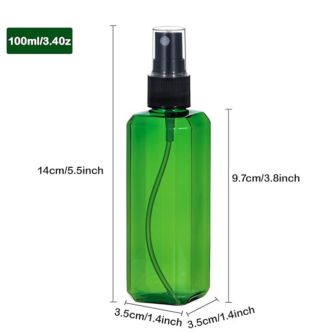 Yebeauty Spray Bottles for Essential Oils, 3.4oz Refillable Plastic Misting Spray Bottle Empty Atomizer Fine Mist Spray Bottle for Beauty Products Cleaning, 2 Pack Green