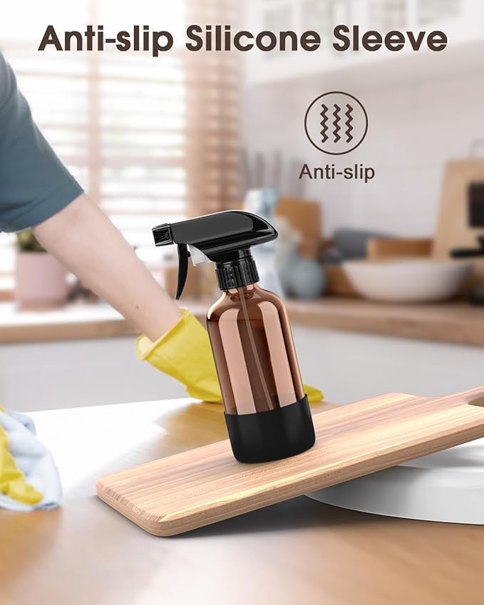 Glass Spray Bottle with Silicone Sleeve Protection, Amber Glass Spray Bottle Set for Window Cleaner Aromatherapy Facial Hydration Watering Flowers Hair Care 2 Pack/8 oz (Black & White)