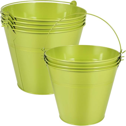 OBTANIM 7 Pack Green Metal Buckets with Handle Galvanized Ice Pails for Plants, Succulents, Party Favors Organizing, Rustic Home Decor or Classrooms Pencil Storage (9.1 x 6.7 inch)