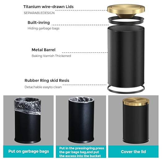 Stainless Steel Wastebasket, Small Black and Gold Trash Can with Lid, 9L / 2.4 Gallon for Bathroom, Bedroom, Office, Hotel