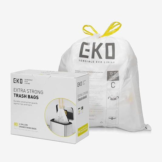 EKO 4 Gallon / 10-15 Liter, 80 Count Small Drawstring Trash Bags, Extra-Strong Unscented Garbage Bags, Easy-Dispense Roll for Kitchen & Household Use, Resists Tears, Leaks and Punctures, Code C, White