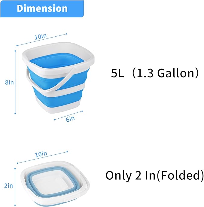 2 Pack Collapsible Buckets 5L 1.3Gallon Small Cleaning Bucket for Household Portable Plastic Bucket Outdoor Car Washing Tub Foldable Camping Beach Sand Water Pot Pail Space Saving Square Grey and Blue