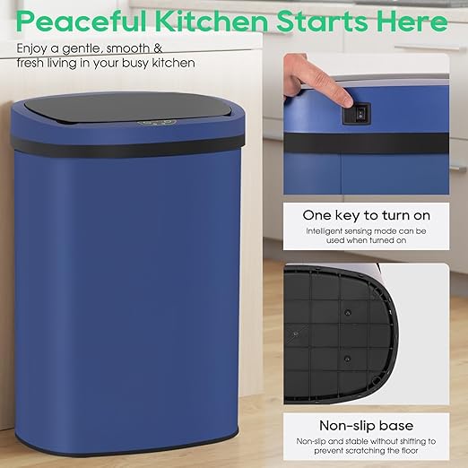 BestOffice 13‑Gallon Automatic Sensor Trash Can, Deep Blue – 50 L Touchless Motion‑Activated Kitchen Garbage Bin, Fingerprint‑Resistant Stainless Steel