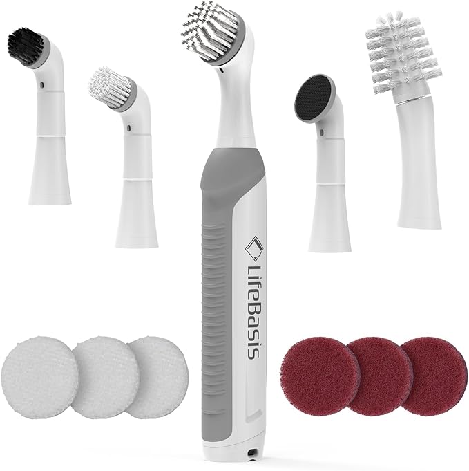 LifeBasis Rechargeable Power Scrubber, Cordless Electric Cleaning Brush, Water Resistant Small Electric Grout Brush with 5 Brushes for Home/Kitchen/Bathroom/Grout/Tile/Shower/Tub, White
