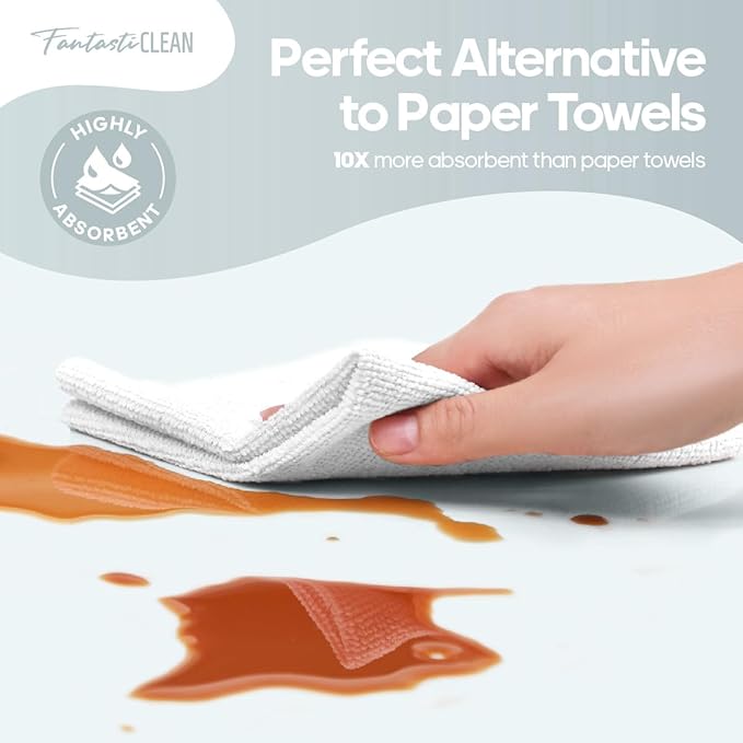 Fantasticlean Kitchen Dish Towels, Tear-Away Microfiber Towel Roll, Super Absorbent, Reusable Premium Dishcloths, Fast Drying Dish Rags, 50 Sheet, 12'' x 12'' (White)