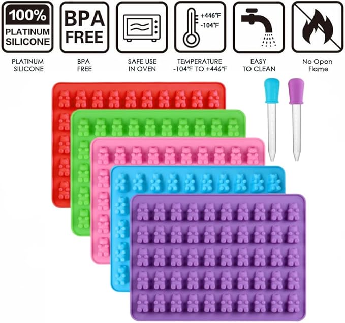 2 Piece Gummy Bear Silicone Molds, Non-Stick Chocolate Candy Mold with 2 Droppers Food Grade (Purple+Blue+Pink+Green+Red)