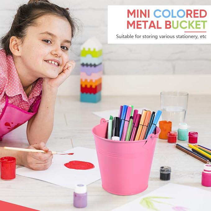 OBTANIM 7 Pack Colorful Metal Buckets with Handle Galvanized Ice Pails for Plants, Succulents, Party Favors Organizing, Rustic Home Decor or Classrooms Pencil Storage (5.1 x 3.6 inch)