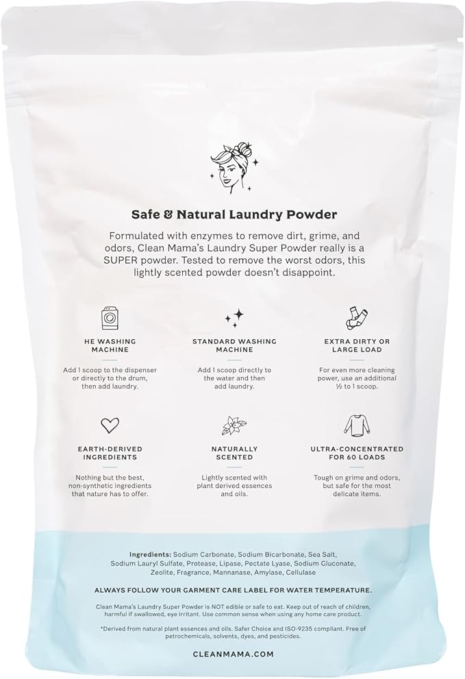 Clean Mama Laundry Super Powder Detergent - Extra Strength Laundry Detergent Powder - Natural Laundry Detergent for Sensitive Skin - Enzyme Powered, Fights Stains & Odors - Lemon + Clove, 60 Loads