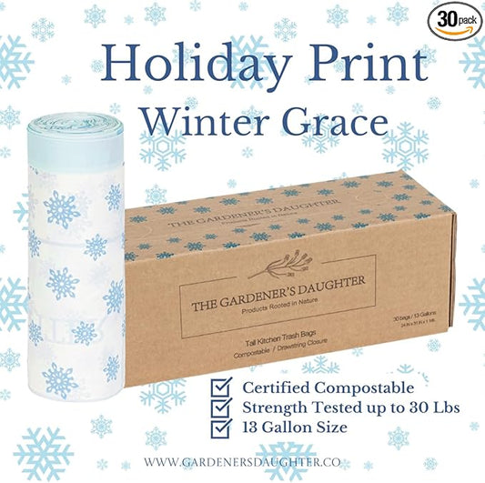 The Gardener's Daughter Compostable Trash Bags - 13 Gallon, 30 Count, Extra Strength, White, Drawstring Kitchen Waste Bag, BPI and TUV Certified, OK Home Compostable - (Winter’s Grace)