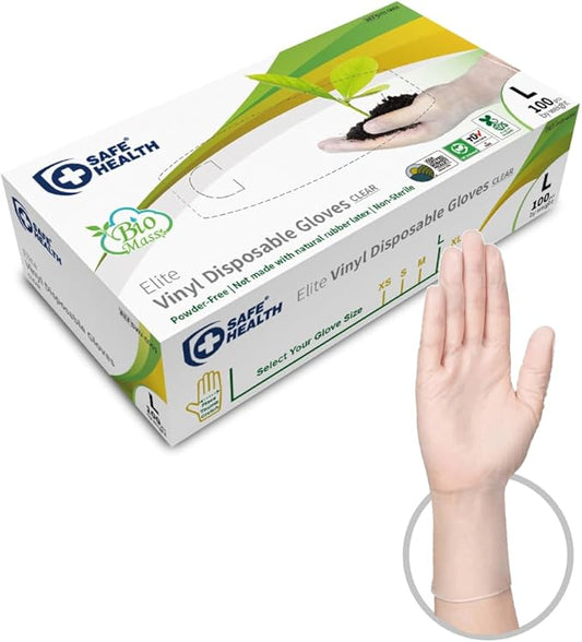 Safe Health Biomass Eco-Friendly Vinyl Disposable Gloves, USDA Certified Biobased Product, Latex Free, Powder Free, Clear, Box of 100, Large, 3 mil