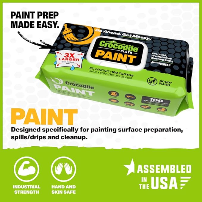 Crocodile Cloth Paint Cleaning Wipes – 100 Count (15" x 10") Heavy-Duty Cleaning Cloths for Paint Prep & Cleanup, Removes Paint, Adhesive, Caulk – Ideal for Painters, Contractors, Artists & DIY Work