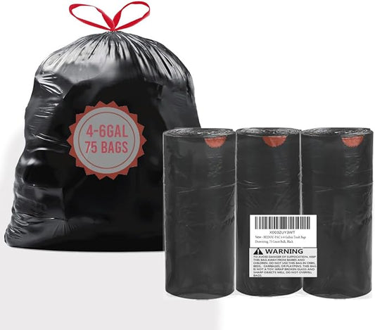 4-6 Gallon Trash Bags Drawstring, 75 Count Bulk, Black & Unscented Multi-purpose Garbage Bags for Business Home Bathroom Kitchen Commercial and Industrial