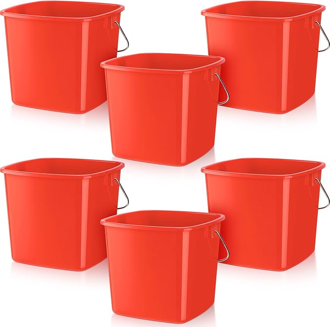 Zhehao 6 Pcs 3 Quart Cleaning Bucket Small Detergent Square Bucket Sanitizing Plastic Pail with Handles Square Cleaning Pail for Home, Offices, School, Commercial Use, Food Service(Red)