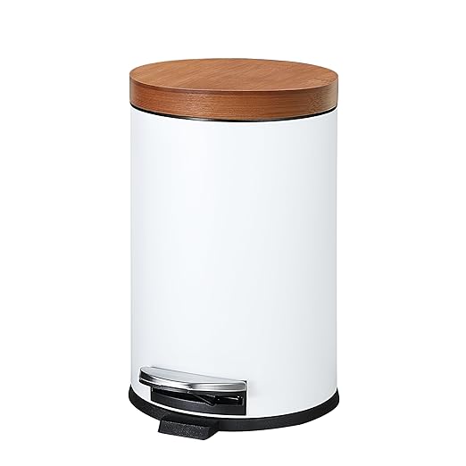 SunnyPoint Elite Bamboo Lid 4.5 Liter (1.2 Gallon) Round Trash Can with Plastic Inner Bucket; Bathroom, Office, Kitchen and Bedroom Step On and Slow Close (White)