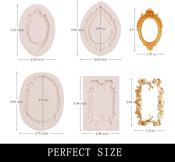 Picture Frame Fondant Molds, 4 Packs Vintage Baroque Mirror Silicone Molds for Chocolate Resin Clay Cake Decorating