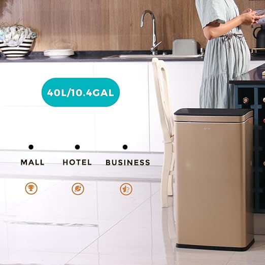 10.4 Gallon Large Metal Kitchen Garbage Can, Stainless Steel Trash Can, Open Top, Tall, Gold Wastebasket for Home Bathroom Hotel Lobby Office (40L Gold)