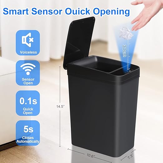 Bathroom Automatic Trash Can 4 Gallon Touchless Motion Sensor Small Garbage Can with Lid Smart Electric Plastic Narrow Garbage Bin for Living Room Bedroom Office Kitchen (Black)
