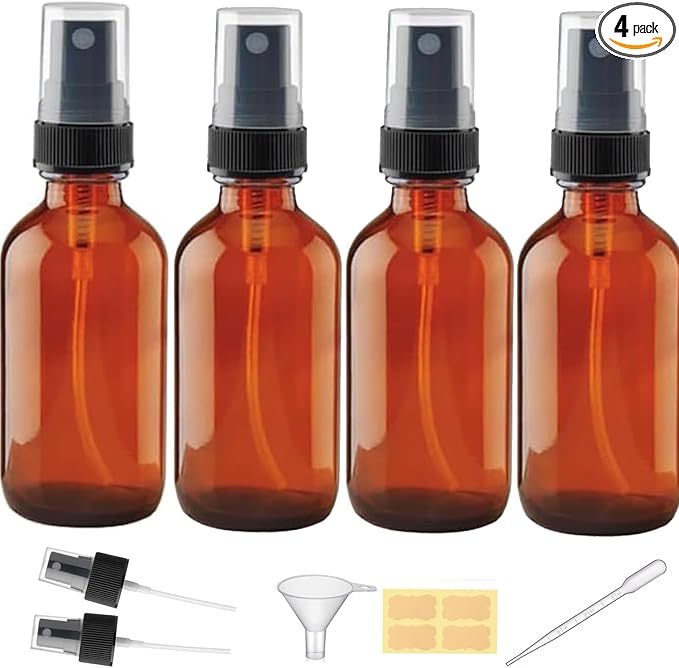 4 oz Amber Glass Spray Bottles - Small Empty Fine Mist Spray Bottle for Essential Oil,Face - Mini Dark Spray Bottles with,Included 6 Sprinkler, 1Funnels,1 Droppers, 4 Labels