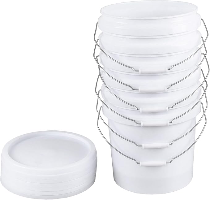 6 Pcs 4 Gallon White Bucket & Lid, Durable All Purpose Pail, Food Grade BPA Free Bucket Container with Handle