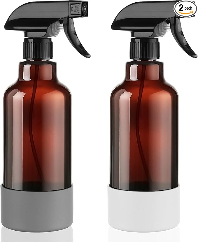 Glass Spray Bottles with Silicone Sleeve 16.9oz 2 Pack Empty Spray Bottle for Hair Mist/Stream Spraying for Cleaning Solutions, Plants, Essential Oils (Brown-grey&white)