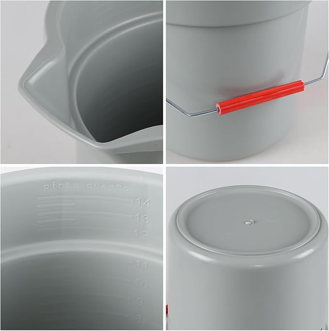 4 Pcs Plastic Commercial Pail with Handle for Cleaning, 14 Quart Sturdy Spout Pail Bucket, Gray
