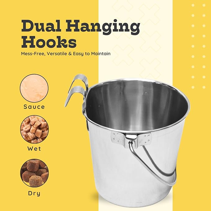 4 Quart Stainless Steel Flat Sided Bucket with Dual Hooks | Durable Food & Water Bowl for Dogs, Cats, Goat & Livestock | Fits kennel Cage Critter Crate Hanging Pet Pail | Multipurpose use