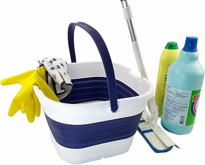 SAMMART 9.5L (2.5 Gallon) Collapsible Rectangular Handy Basket/Bucket (White/Navy Blue)