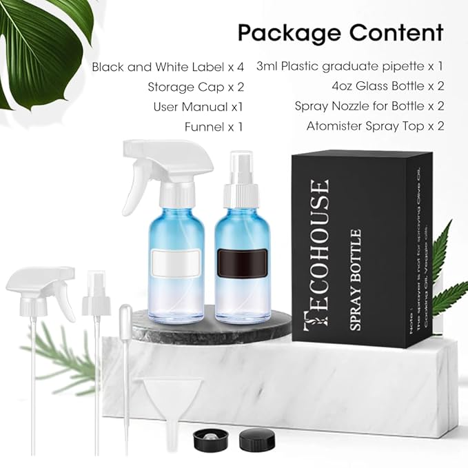 Tecohouse Glass Spray Bottles 4 oz, 2 Pack Spray Bottles for Hair Empty Refillable Fine Mist Sprayer with Labels, Funnel, Pipettes Blue