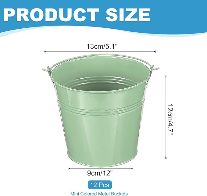 PATIKIL 5.1"x4.7" Small Metal Buckets with Handle, 12 Pcs Mini Galvanized Bucket Colorful Easter Buckets for Crafts Party Favors Decoration, Light Green