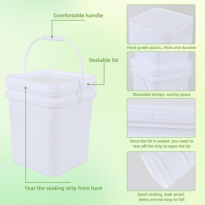 Square White Plastic Bucket with Sealable Lid, 4.8 Gallon Food Grade Storage Bucket, 4 Pack
