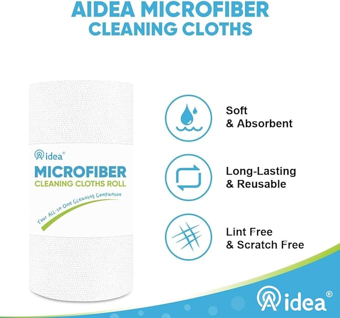 AIDEA Microfiber Cleaning Cloth Roll, White 50PK, Tear Away Reusable Paper Towels, Commercial Shop Rags, Microfiber Towels for Cars, Lint Free Rags for House, Kitchen, Automotive, 11.5"×11.5"