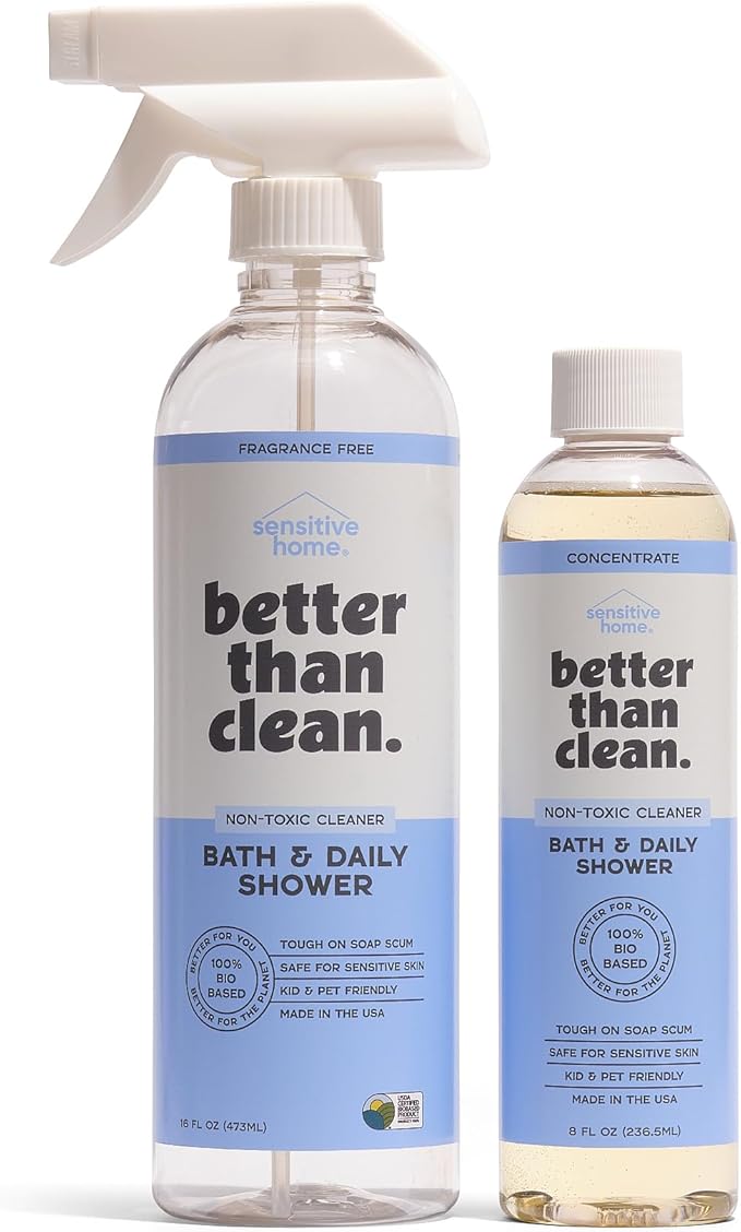 Better Than Clean™ Bath and Shower Cleaner Starter Pack – Fragrance Free, Plant-Based, Non-Toxic, Bathroom Cleaner with 8oz Concentrate & 16oz Empty Refillable Spray Bottle