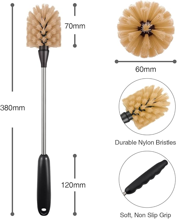 2 Pack Water Bottle Brush, 15-inch Long Handle Cleaning Brush, Kitchen Scrubber, Bottle Brush Cleaner, Suitable for Water Bottles, Cups, Glasses, Baby Bottles, Wine Glasses, Brown