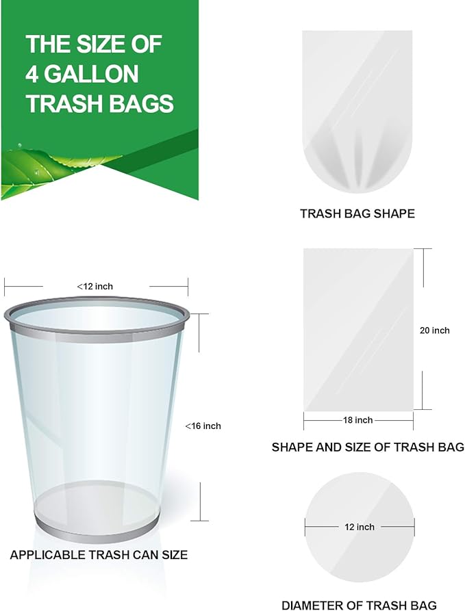 FORID Clear Small Trash Bags, 4 Gallon Garbage Bags, Wastebasket Bin Liners 110 Count Plastic Trash Bags for Bathroom Bedroom Office Trash Can 15 Liters - Durable & Thick Trash Bag