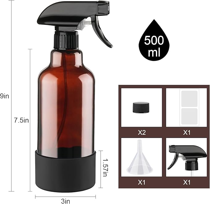 Glass Amber Spray Bottles with Silicone Sleeve, 2 Pack 16.9oz Refillable Containers with Adjustable Spray Nozzles, Empty Spray Bottle for Cleaning Solutions, Hair, Plants, Essential Oils (Black+Grey)