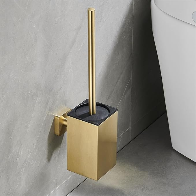 Toilet Brush and Holder Set Wall Mount or Freestanding KWQKEM Modern Toilet Bowl Cleaners Brush and Holder with Lid 304 Stainless Steel (Brushed Gold)